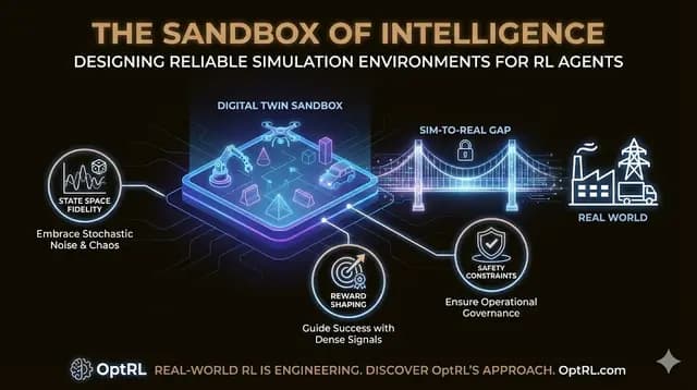Reinforcement learning simulation environment used to train and validate enterprise decision systems before production deployment